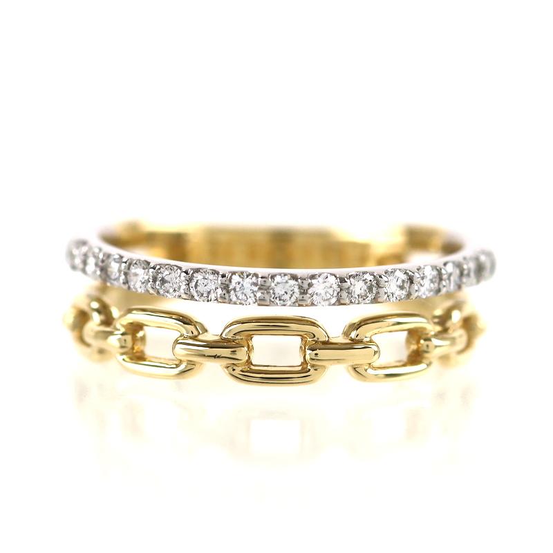 指輪 18金 レディース 13号 K18YG×Pt900 ダイヤ 0.18ct 4.0g デザイン