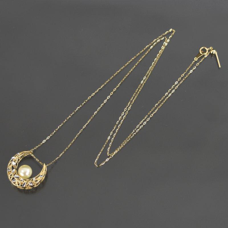 三日月 ネックレス 真珠 一粒パール 7.5mm 2WAY 約60cm 18k 18金