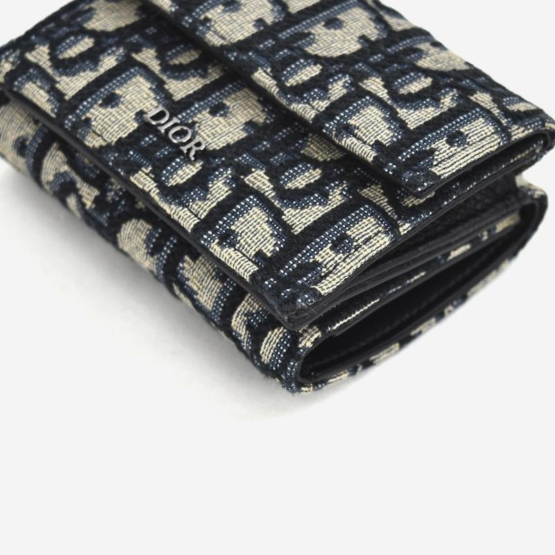 ディオール 財布 三つ折りウォレット オブリーク ジャガード ネイビー系 ファブリック コンパクト財布 メンズ レディース アクトワン