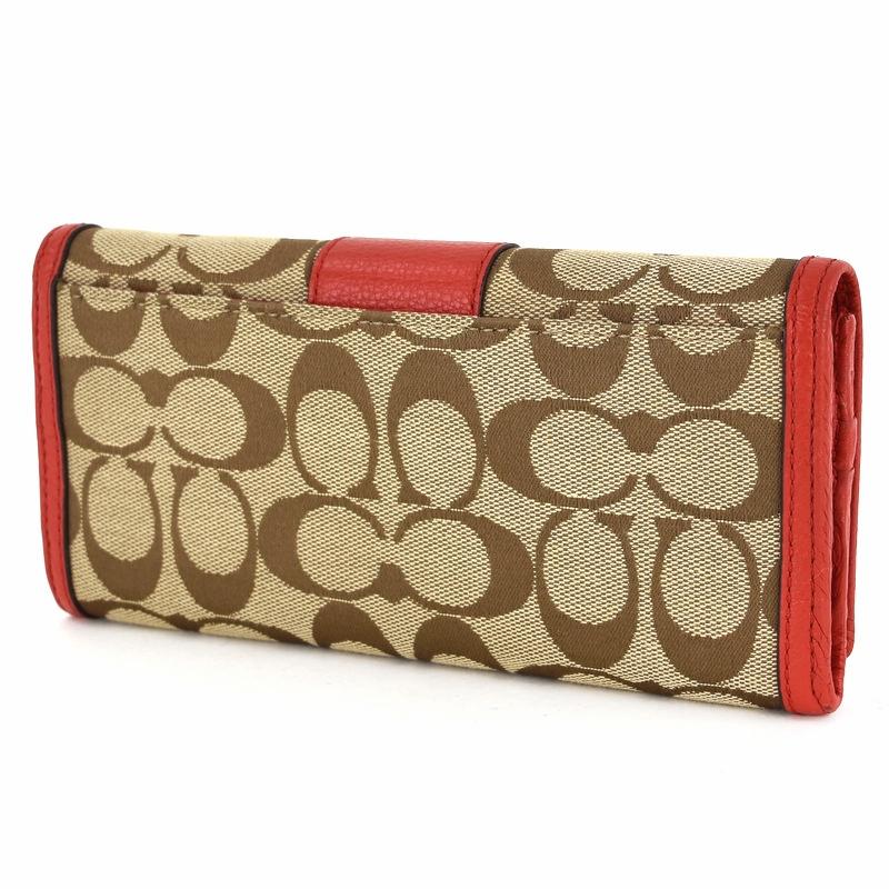 COACH コーチ 長財布 レディース シグネチャー ベージュ×レッド