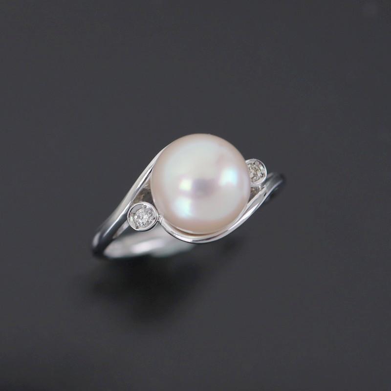 指輪 レディース 18金 花珠真珠 8.7mm ダイヤ 0.04ct 4.2g K18WG