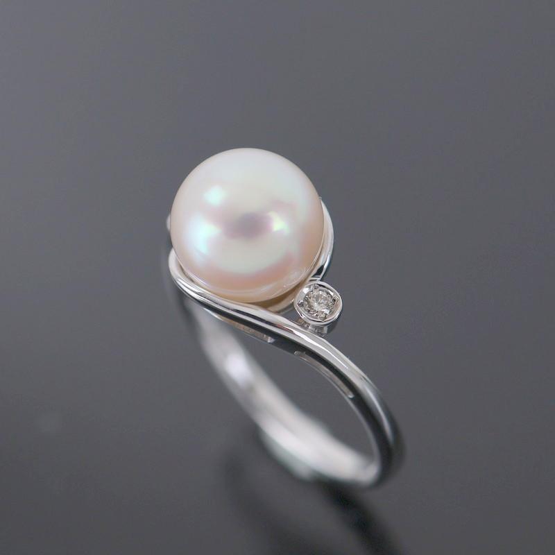 指輪 レディース 18金 花珠真珠 8.7mm ダイヤ 0.04ct 4.2g K18WG