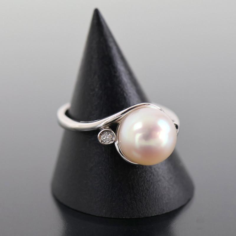 指輪 レディース 18金 花珠真珠 8.7mm ダイヤ 0.04ct 4.2g K18WG