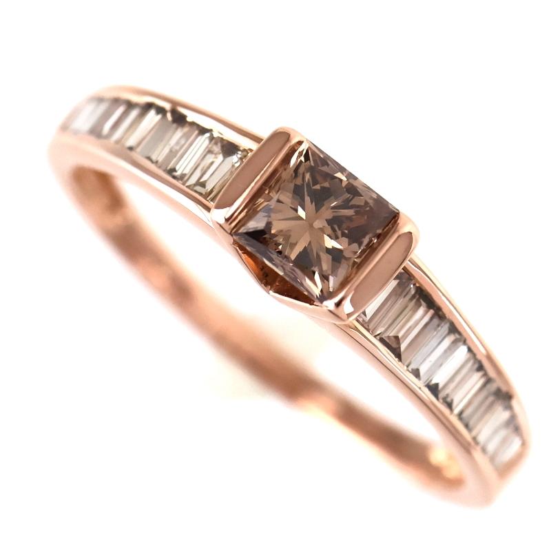 指輪 18金 ブラウンダイヤ 0.60ct プリンセスカット ダイヤ 0.40ct 20