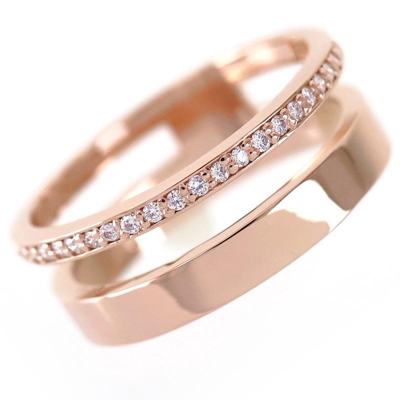 K18PG ピンクゴールド リング 13号 重ね付け風 平打ちリング ダイヤ