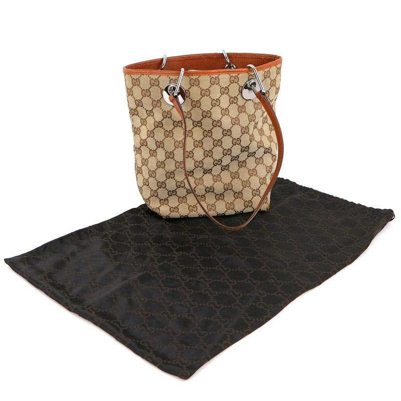 GGキャンバス グッチ トートバッグ バケツ形 レザー ベージュ×オレンジ