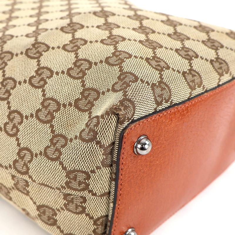 GGキャンバス グッチ トートバッグ バケツ形 レザー ベージュ×オレンジ