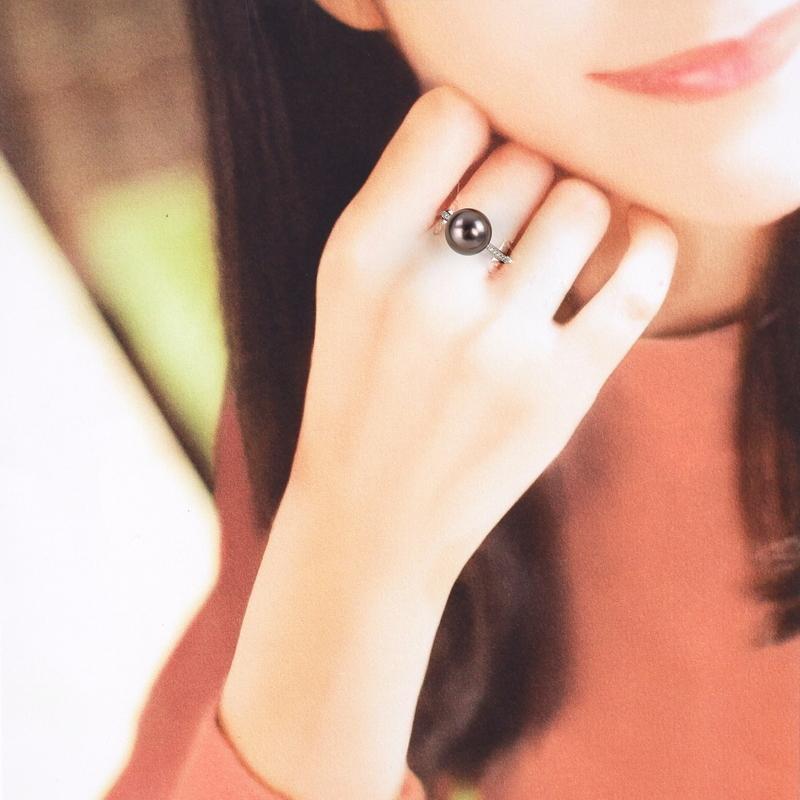 指輪 レディース プラチナ900 13号 ブラックパール 11.7mm ダイヤ 0.11