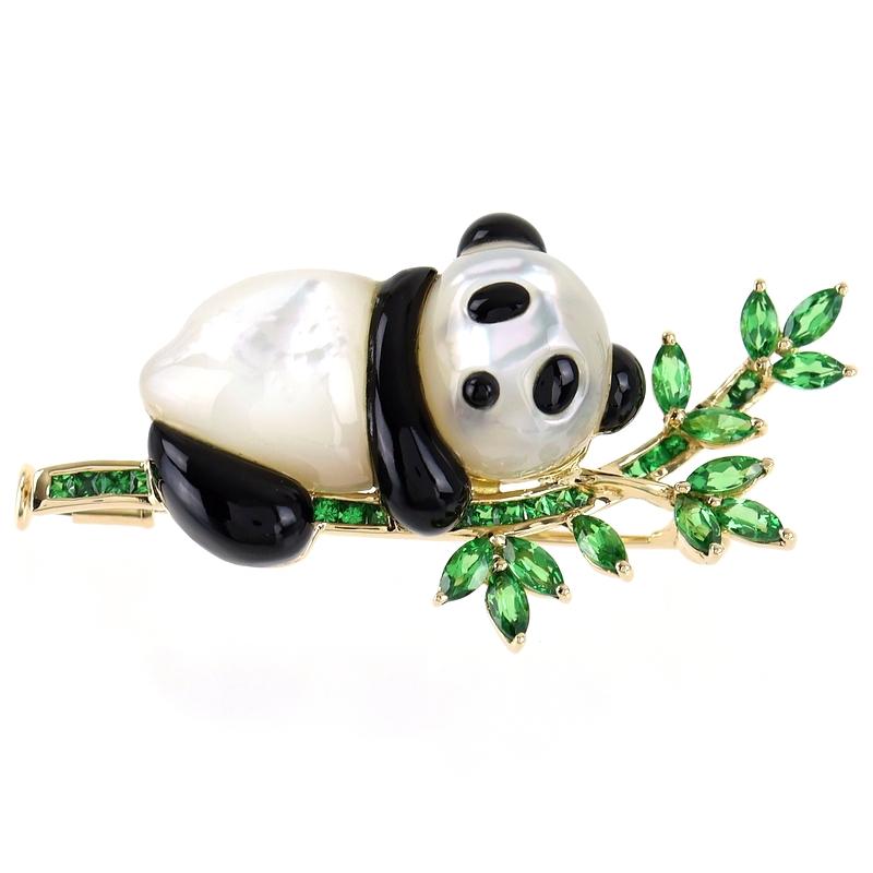 パンダ ブローチ K18YG シェル オニキス カラーストーン 1.07ct