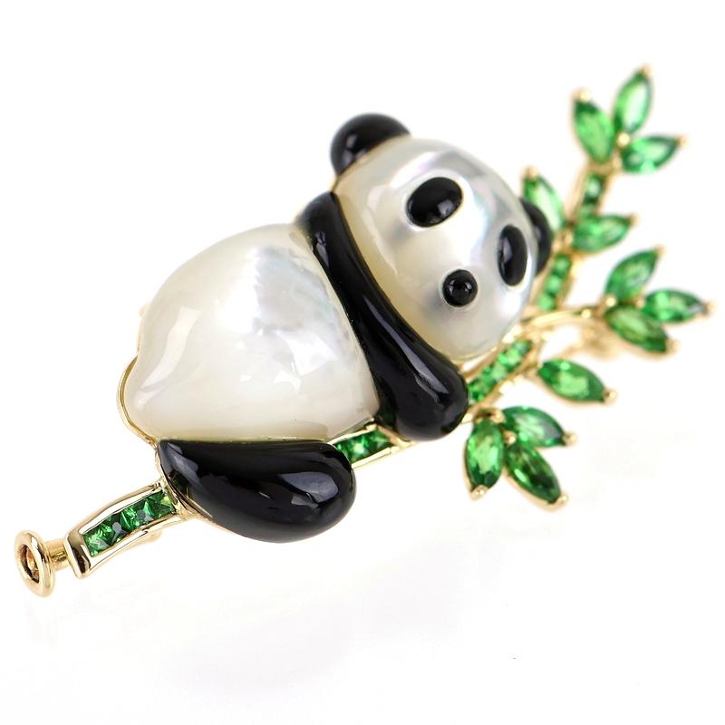 パンダ ブローチ K18YG シェル オニキス カラーストーン 1.07ct