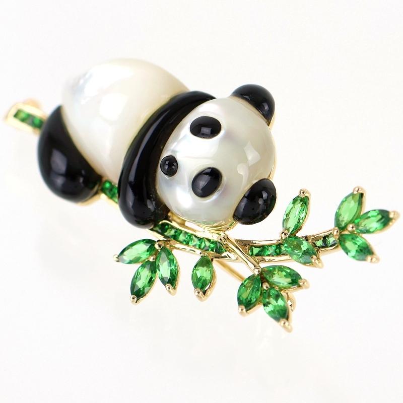 パンダ ブローチ K18YG シェル オニキス カラーストーン 1.07ct