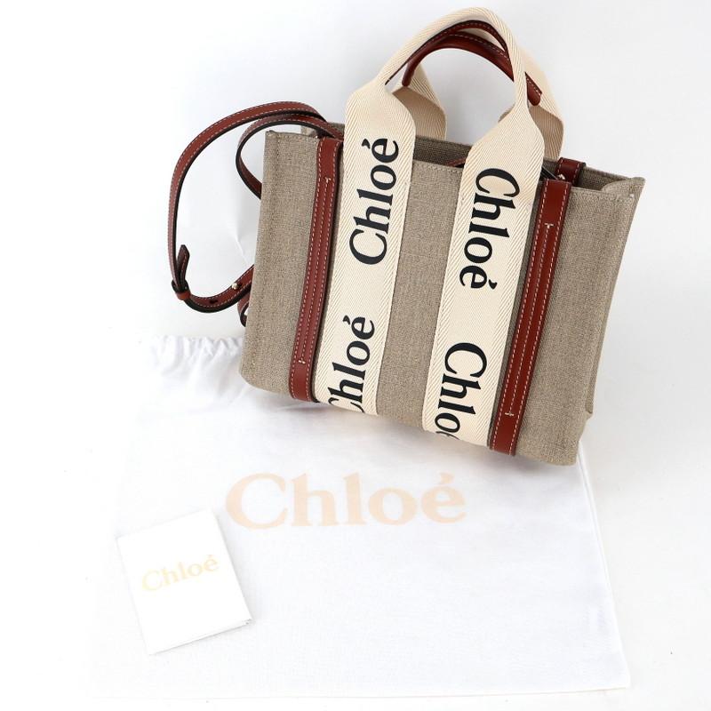 【Chloe/クロエ】 WOODY スモールトートバッグ CHC21US385E6691J 2WAY トートバッグ  ハンドバッグ リネン/レザー アイボリー/ブラック レディース【中古】【真子質店】【BL】【KDMi】 Chloe（クロエ） バッグ レディース リネン製Woody スモールトート