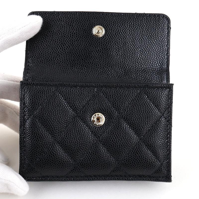 キャビアスキン シャネル 財布 中古 3つ折り財布 ブラック ゴールド
