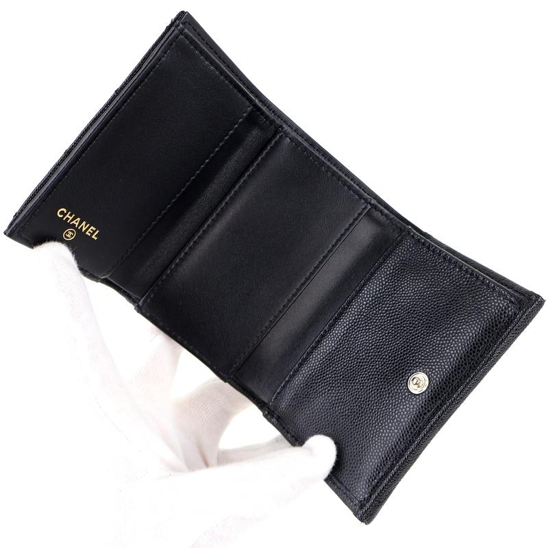 キャビアスキン シャネル 財布 中古 3つ折り財布 ブラック ゴールド