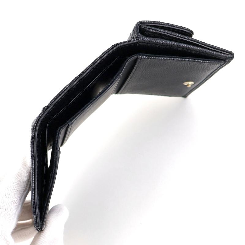 キャビアスキン シャネル 財布 中古 3つ折り財布 ブラック ゴールド