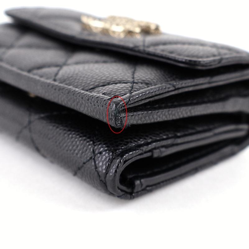 キャビアスキン シャネル 財布 中古 3つ折り財布 ブラック ゴールド