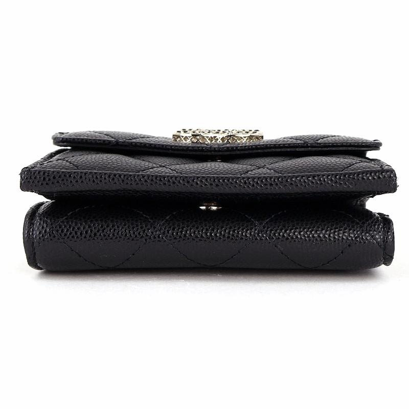 キャビアスキン シャネル 財布 中古 3つ折り財布 ブラック ゴールド