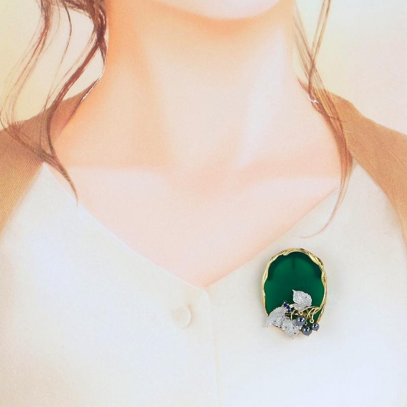 石川暢子 ブローチ アズタイム 果実と葉 K18YG×Pt900 メノウ ダイヤ