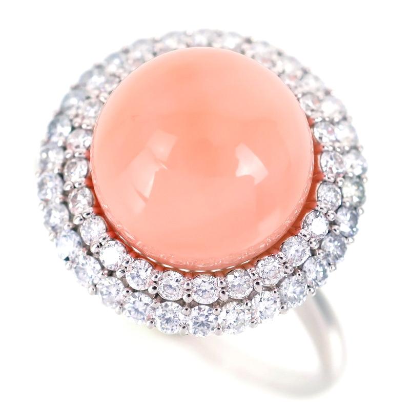 珊瑚 指輪 25号 Pt900 プラチナ サンゴ 約12mm ダイヤ ピンク系