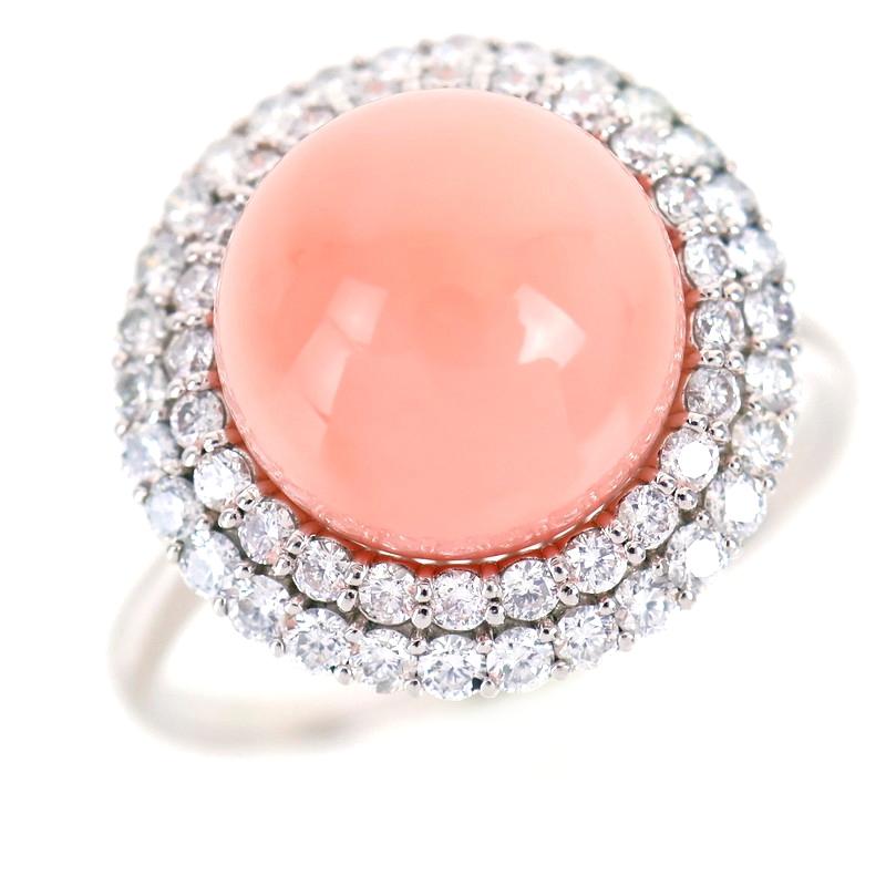 珊瑚 指輪 25号 Pt900 プラチナ サンゴ 約12mm ダイヤ ピンク系