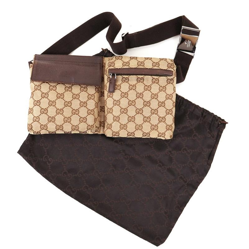 GUCCI　ウエストポーチ　GG柄　ダークブラウン　キャンバス　レザー　シルバー GGキャンバス グッチ バッグ メンズ ウエストポーチ べージュ×ダーク