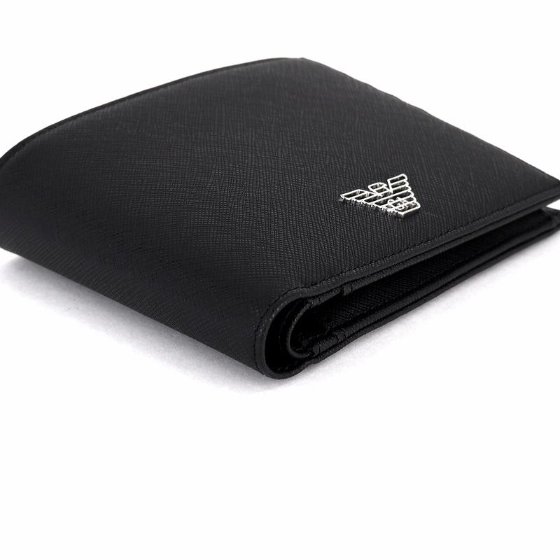 美品 エンポリオアルマーニ ブラック 折り財布 再生サフィアーノレザー メンズ エンポリオアルマーニ EMPORIO ARMANI 二つ折り財布 ブラック メンズ
