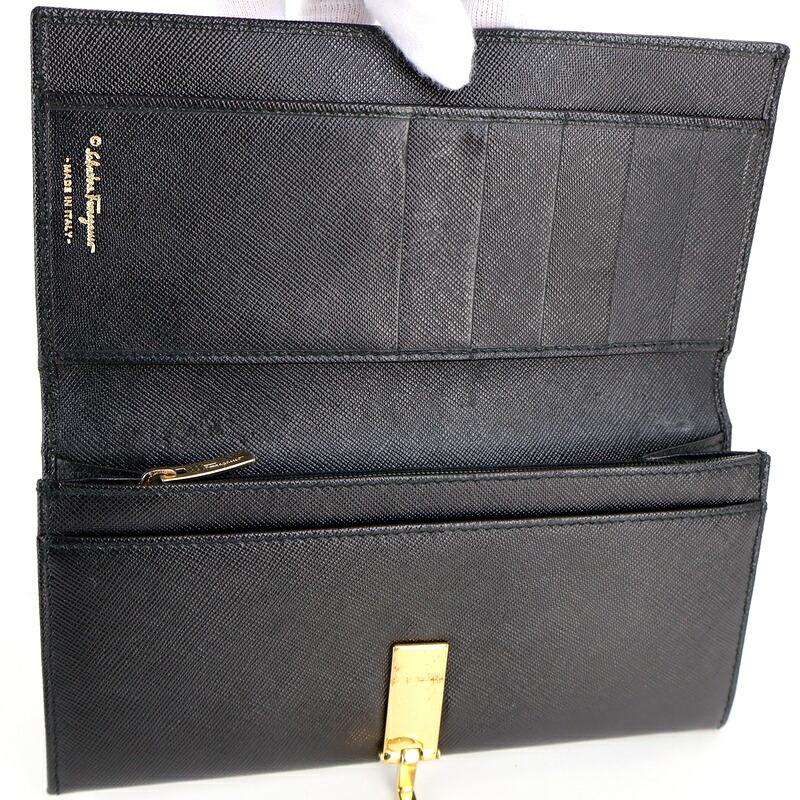 ■未使用■　フェラガモ ２つ折り 長財布 ガンチーニ レザー ブラック 箱 【213885】□ FERRAGAMO（フェラガモ） 財布 ガンチーニ 2つ折り長財布 ブラック