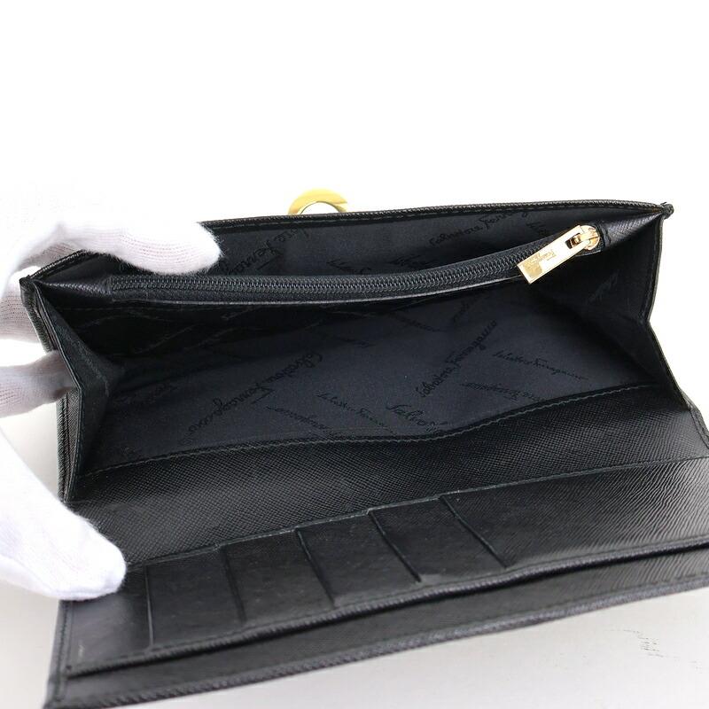 ■未使用■　フェラガモ ２つ折り 長財布 ガンチーニ レザー ブラック 箱 【213885】□ FERRAGAMO（フェラガモ） 財布 ガンチーニ 2つ折り長財布 ブラック