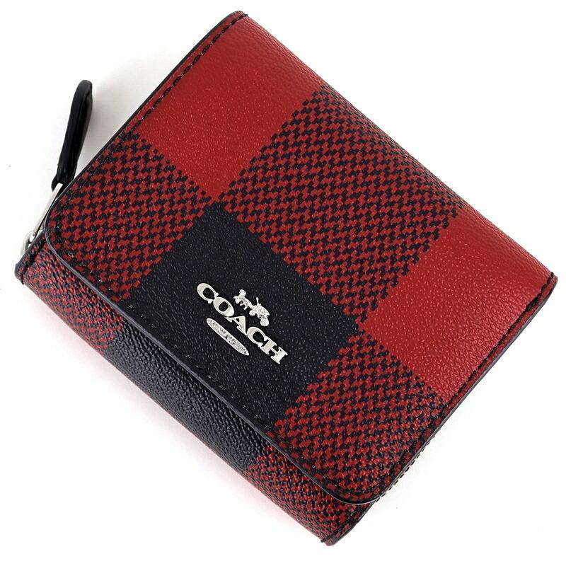 COACH（コーチ） 財布 レディース 三つ折り財布 チェック柄 レッド