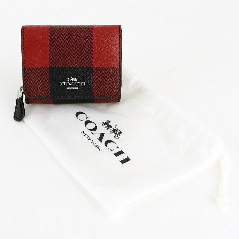 COACH（コーチ） 財布 レディース 三つ折り財布 チェック柄 レッド