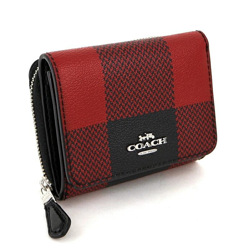 COACH（コーチ） 財布 レディース 三つ折り財布 チェック柄 レッド