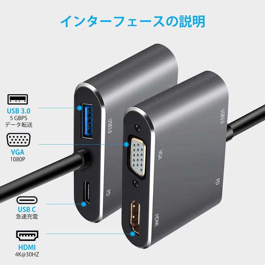 USB C ハブ usb type c 4K解像度 HDMI VGA 4in1 アダプタusb vga 変換