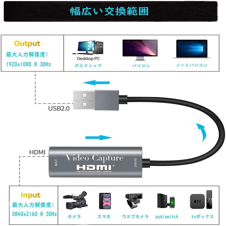 HDMI キャプチャーボード USB2.0 1080P 30Hz HDMI ゲームキャプチャー ビデオキャプチャカード ゲーム実況生配信 画面共有 録 送料無料｜ad-hitshop｜05