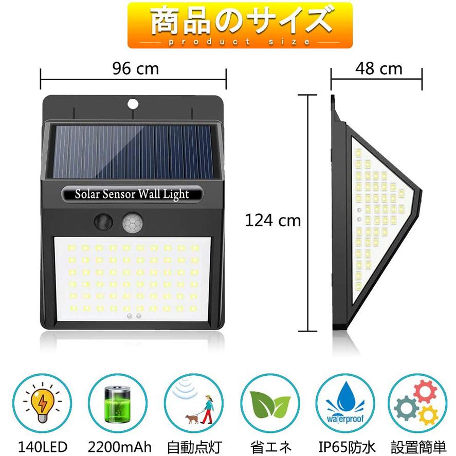 センサーライト 4個セット 140LED 3面発光 ソーラーライト 300°照明