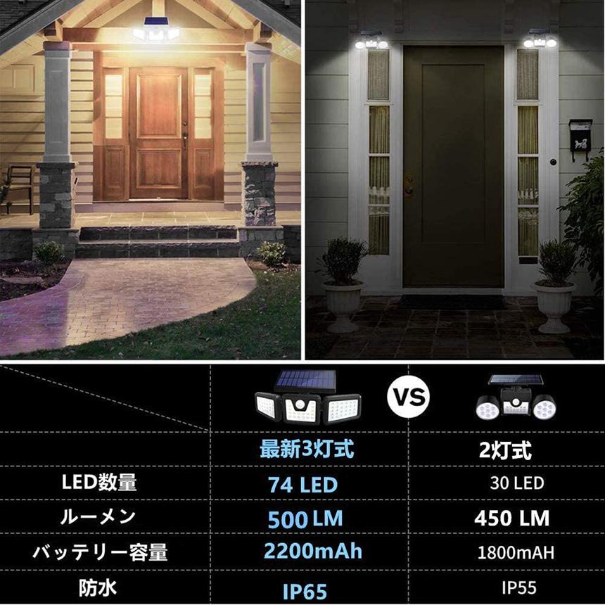 センサーライト ソーラー式 3灯式 74LED 360°角度調整可能 ソーラー