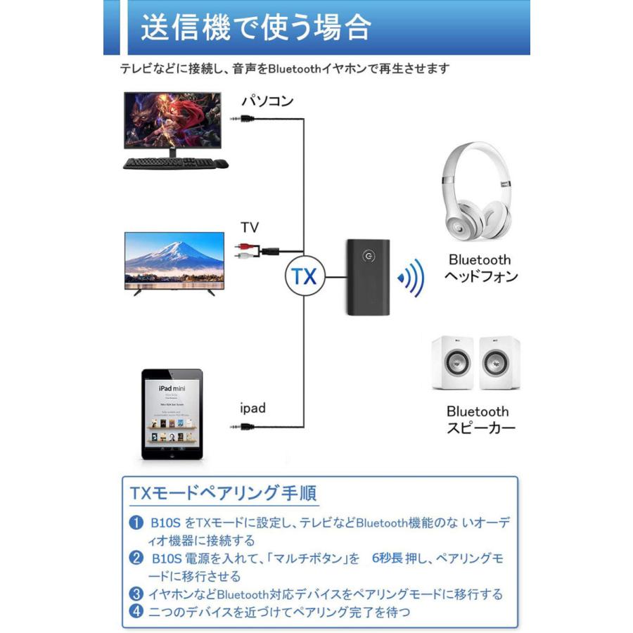Bluetooth5.0 トランスミッター レシーバー 1台2役 送信機 受信機 充電式 無線 ワイヤレス 3.5mm オーディオスマホ テレビ TX 送料無料｜ad-hitshop｜04