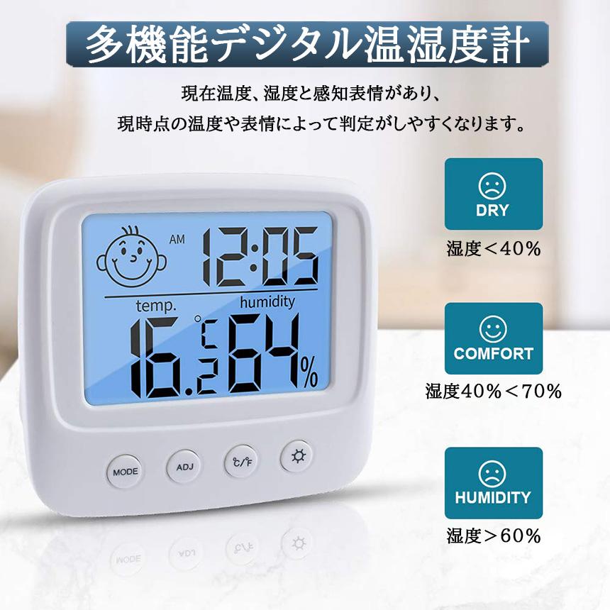 人気の贈り物が デジタル 温度計 湿度計 大画面 多機能 目 時計機能 アラーム付 温湿度計 コンパクト 表情表示 時計 小型 バックライト付き  2個セット 見やすい 計測、検査