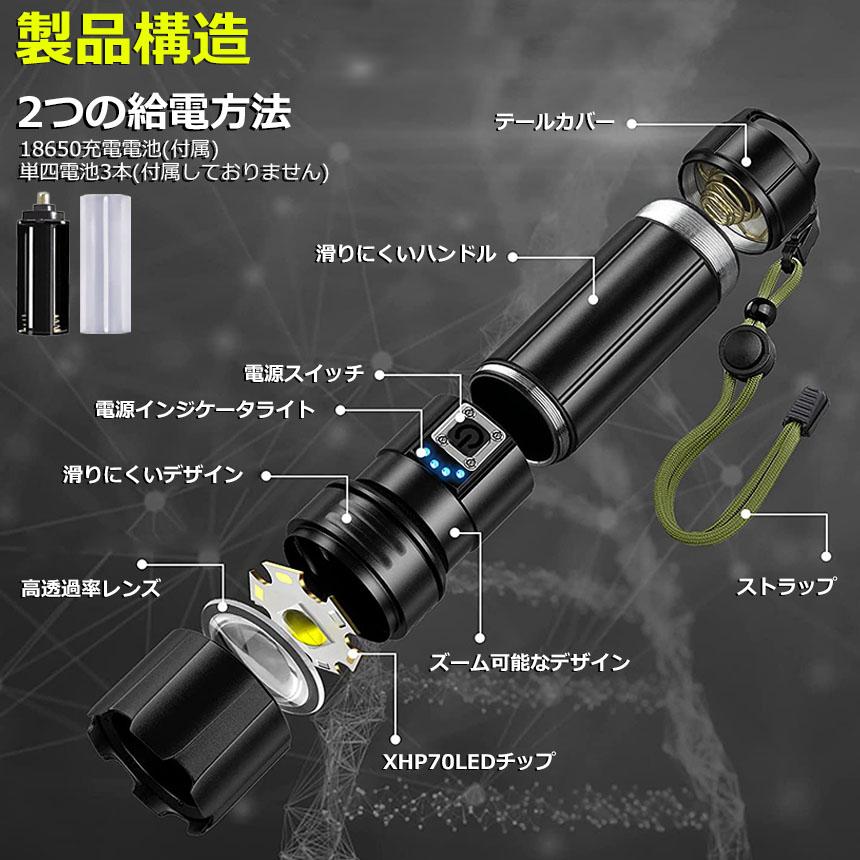 懐中電灯 XHP70 強力 防水 2個セット USB充電式 電池式 LCD残量表示