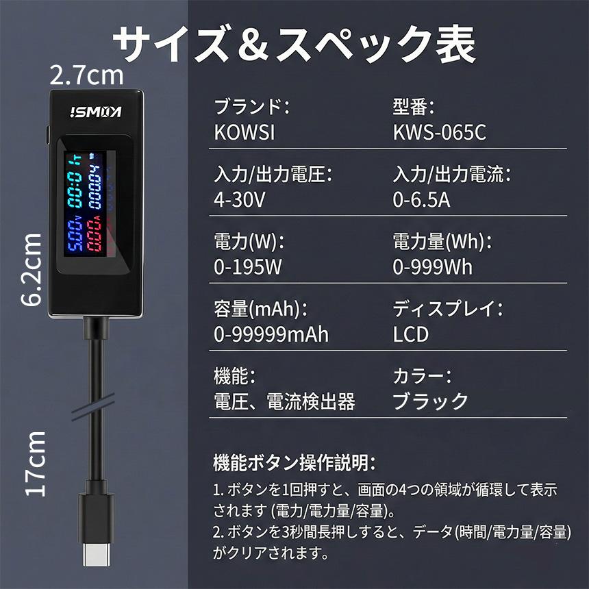Type-C 電流 電圧 チェッカー 195W 6.5A 対応 USB PD 急速充電 測定器