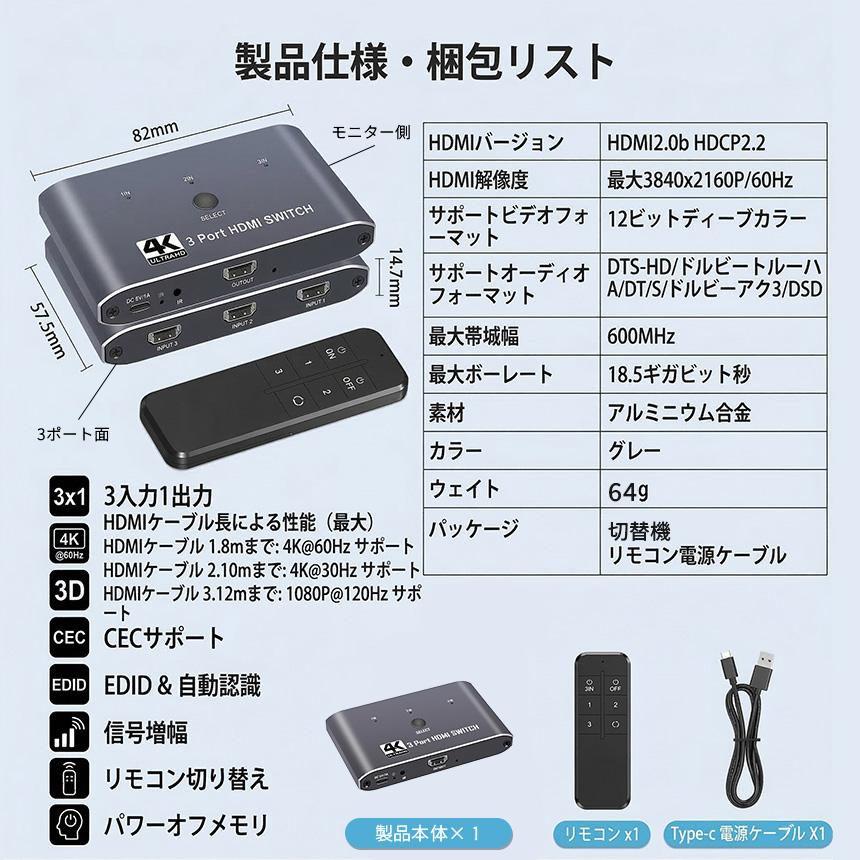 3個セット HDMI 切替器 セレクター高画質4K/60Hz対応 3入力1出力