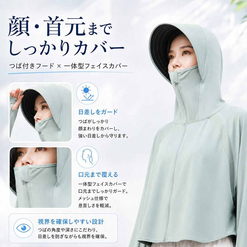 UVカット パーカー フード付き フェイスマスク ネックガード 冷感