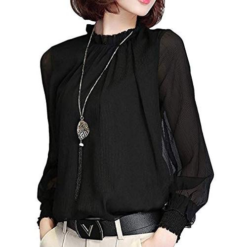 シースルーブラウス  長袖 M〜6XL シフォン トップス 無地 フォーマル レディー ブラック