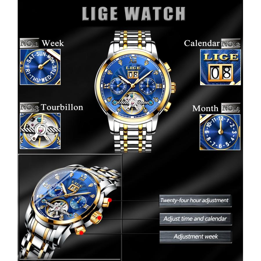 腕時計 メンズ LIGE 防水フルスチールビジネスウォッチ カレンダー