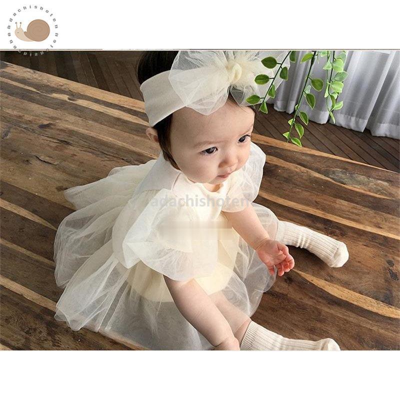 ベビー ワンピース ロンパース 半袖 60 70 80 秋 夏 セレモニードレス チュール ヘアバンド付き ベビードレス 女の子 結婚式 フォーマル ワンピース