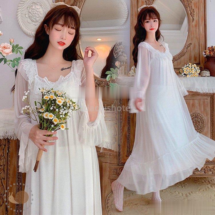 ネグリジェ 春秋 長袖ネグリジェ 姫風ワンピース ロング丈 レースネグリジェ シースルー ナイトロープ ルームウェア