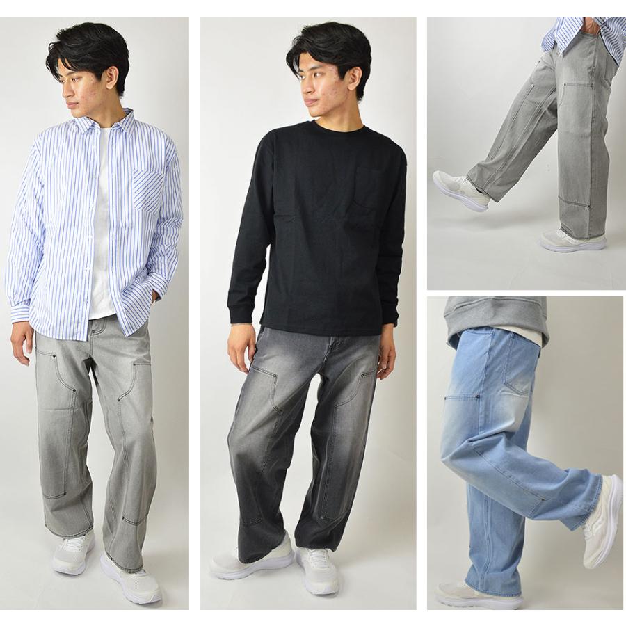 ワイド ストレート デニムパンツ 綿100% ダブルニー ダボパン ワイド