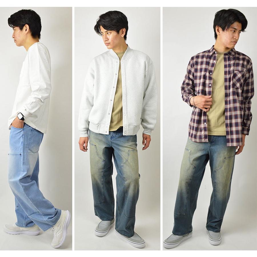 ワイド ストレート デニムパンツ 綿100% ダブルニー ダボパン ワイド