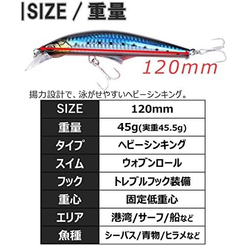 Contyu 青物ルアー セット ミノー ヒラメ シーバス 4個 120mm 45g ヘビーシンキング 貫通ワイヤー (120mm/45g, カラーA(4個セット))｜add-shoping｜07