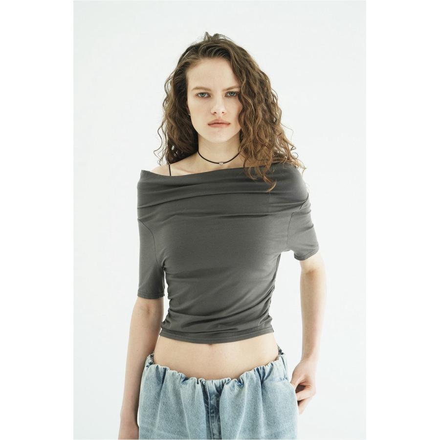 クラネ / CLANE オフショルダートップス –  DRAPED OFF SHOULDER H/S TOPS(GREY)