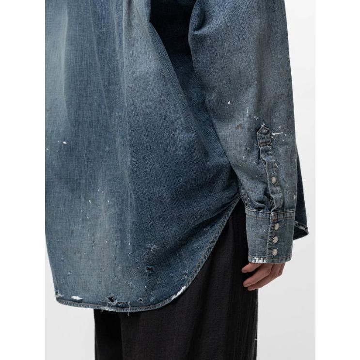 メゾン ミハラヤスヒロ / Maison MIHARA YASUHIRO キッズ ステッカー プリント デニム シャツ | Kids Sticker Printed Denim Shirt - INDIGOの画像